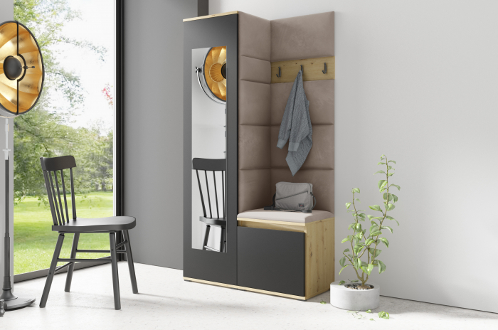 Cuier hol modern ,95 cm lungime, cu dulap haine -oglinda, pantofar si panouri tapitate stofa maro/ stejar artisan cu negru , Bortis [2]