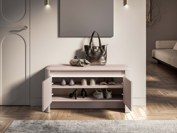 Cuier mobila hol cu pantofar bancuta casmir/tapitata bej,102 cm lungime x34 cm adancime x192 cm, panou tapitat/pal casmir si iluminare ambientala cu intrerupator,pal casmir/tapiterie bej, 10 agatator [6]