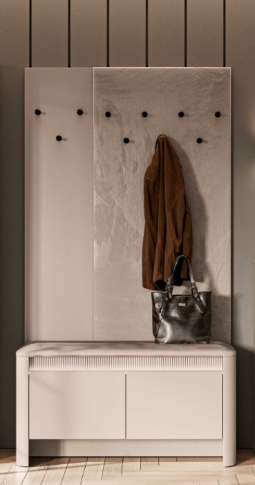 Cuier mobila hol cu pantofar bancuta casmir/tapitata bej,102 cm lungime x34 cm adancime x192 cm, panou tapitat/pal casmir si iluminare ambientala cu intrerupator,pal casmir/tapiterie bej, 10 agatator [2]