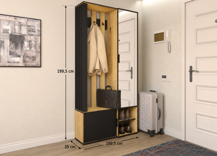Cuier mobilier hol, modern, negru/stejar artisan, 100,5 cm lungime x 35 cm adancime x 199,5 cm inaltime, cu dulap cu oglinda, dulap cu rafturi, agatatori haine, raft deschis pantofar [3]