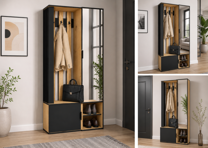Cuier mobilier hol, modern, negru/stejar artisan, 100,5 cm lungime x 35 cm adancime x 199,5 cm inaltime, cu dulap cu oglinda, dulap cu rafturi, agatatori haine, raft deschis pantofar [2]