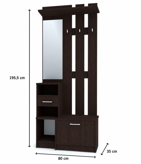 Cuier pentru Hol cu oglindă, pantofar și sertar, Wenge, 80 cm lungime  x 35 cm adancime x 195,5 cm, mobilier intrare modern [3]