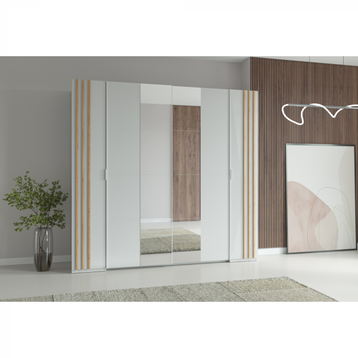 Dulap dresing cu usi si oglinda , 218 cm lungime x 62 cm adancime x 207.5 cm inaltime ,stejar artisan/alb [4]