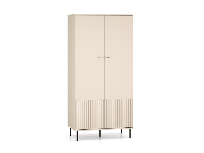 Dulap cu 2 usi, 190cmx 92 cm latime x 53 cm adancime, pal /mdf casmir cu caneluri gen riflaj la partea de jos, cu 2 rafturi si bara umerase, picioare metalice negre, butoni auriu [7]