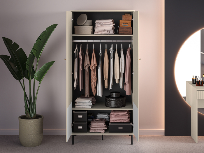 Dulap cu 2 usi, 190cmx 92 cm latime x 53 cm adancime, pal /mdf casmir cu caneluri gen riflaj la partea de jos, cu 2 rafturi si bara umerase, picioare metalice negre, butoni auriu [4]