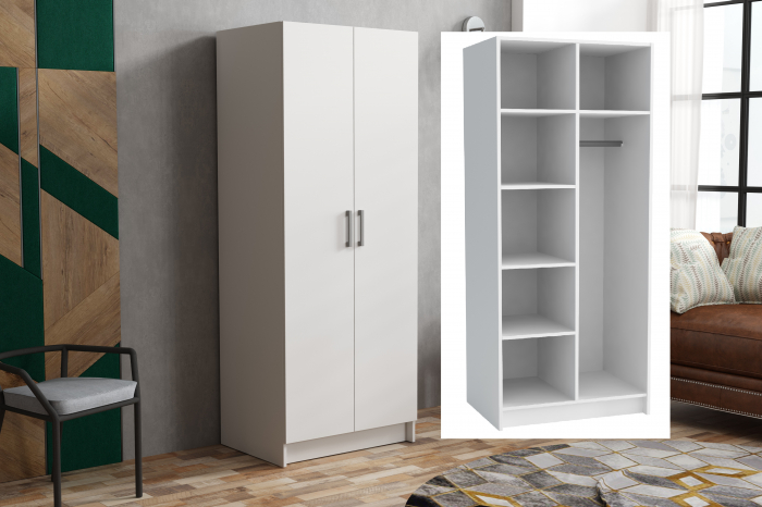 Dulap cu 2 usi, 6 rafturi si bara de umerase, alb, 192,5x75 cm lungime x54 cm adancime, pentru orice tip de incapere [1]