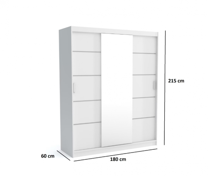 Dulap sifonier haine pentru dormitor , cu 3 usi glisante si oglinda, 10 rafturi si 2 bare pentru umerase, alb, ornament gri, 180x215x60 cm [4]