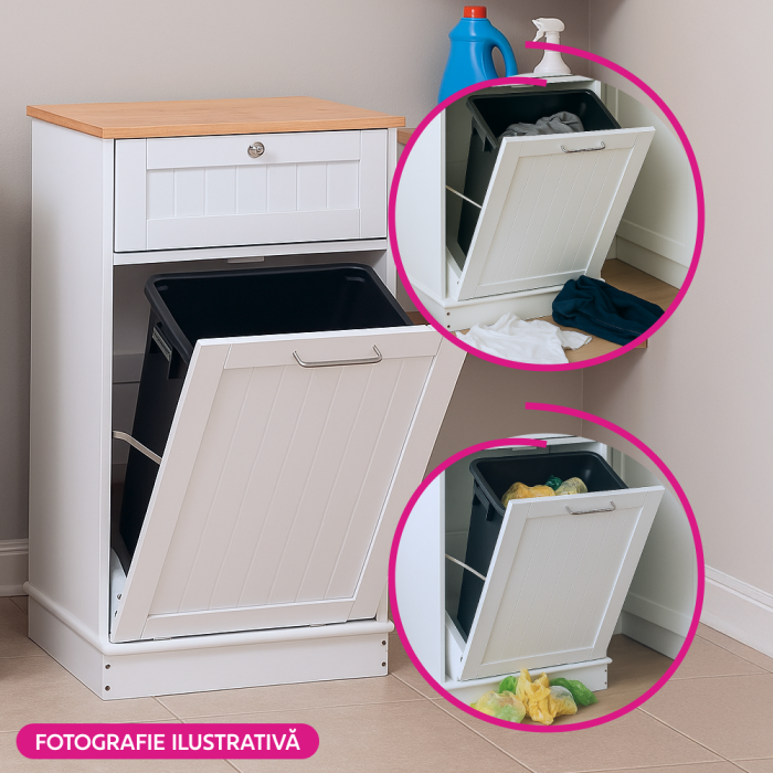 Dulap cu deschidere basculantă cu coş de gunoi, alb/bambus, DELINS TYP 1 [2]