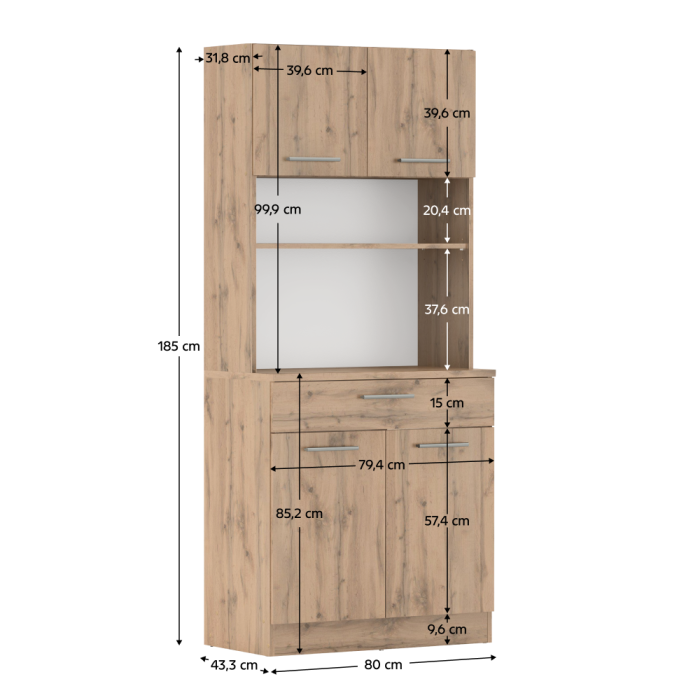 Dulap/bufet de bucatarie, culoare stejar wotan, din PAL, cu patru usi, un sertar, rafturi, design elegant si practic, bucatarie, living, 80x43, 3x185 cm [10]