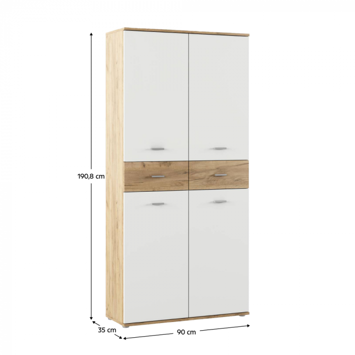 Dulap pantofar incaltaminte spatios , cu 10 rafturi si 2 sertare , alb/stejar artisan, 90 cm lungime x 35 cm adancime x 191 cm inaltime, incap peste 25 -28 perechi incaltaminte aproximativ [5]