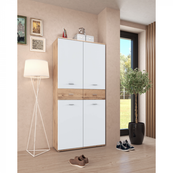 Dulap pantofar incaltaminte spatios , cu 10 rafturi si 2 sertare , alb/stejar artisan, 90 cm lungime x 35 cm adancime x 191 cm inaltime, incap peste 25 -28 perechi incaltaminte aproximativ [4]
