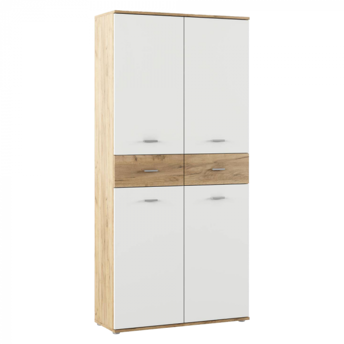 Dulap pantofar incaltaminte spatios , cu 10 rafturi si 2 sertare , alb/stejar artisan, 90 cm lungime x 35 cm adancime x 191 cm inaltime, incap peste 25 -28 perechi incaltaminte aproximativ [1]