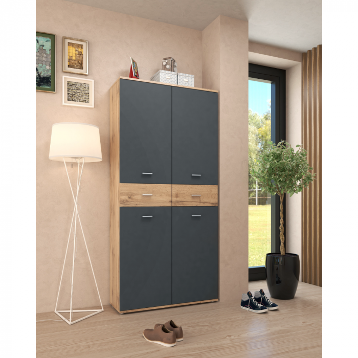 Dulap pantofar incaltaminte spatios , cu 10 rafturi si 2 sertare , grafit/wotan, 90 cm lungime x 35 cm adancime x 191 cm inaltime, incap peste 25 -28 perechi incaltaminte aproximativ [4]