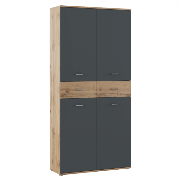 Dulap pantofar incaltaminte spatios , cu 10 rafturi si 2 sertare , grafit/wotan, 90 cm lungime x 35 cm adancime x 191 cm inaltime, incap peste 25 -28 perechi incaltaminte aproximativ [1]