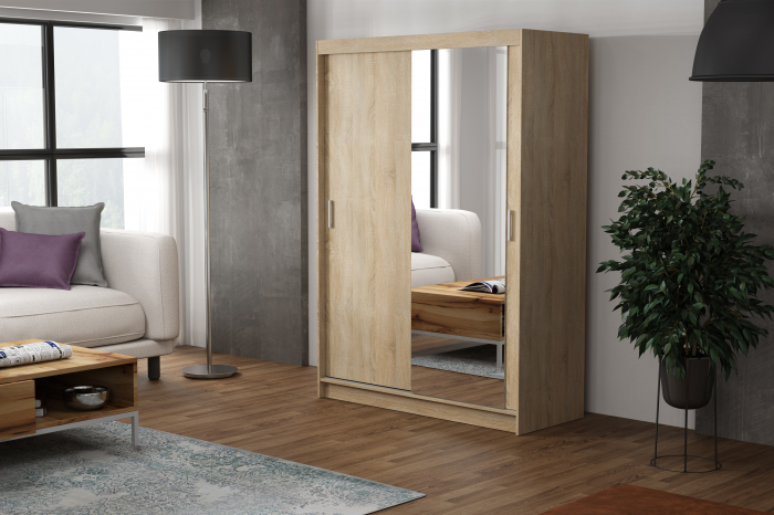 Dulap sifonier haine pentru dormitor , cu 2 usi glisante si oglinda, 6 rafturi si 1 bara pentru umerase, stejar sonoma, ornament gri, 150 cm lungime x215x60 cm adancime [1]