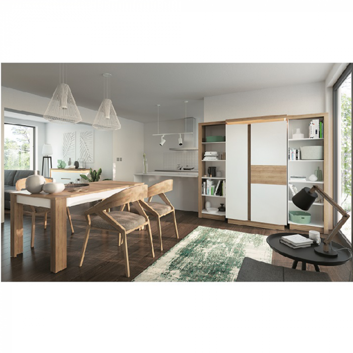 Etajeră LYOR01, stejar riviera/alb extra lucios HG, stânga, LEONARDO [2]