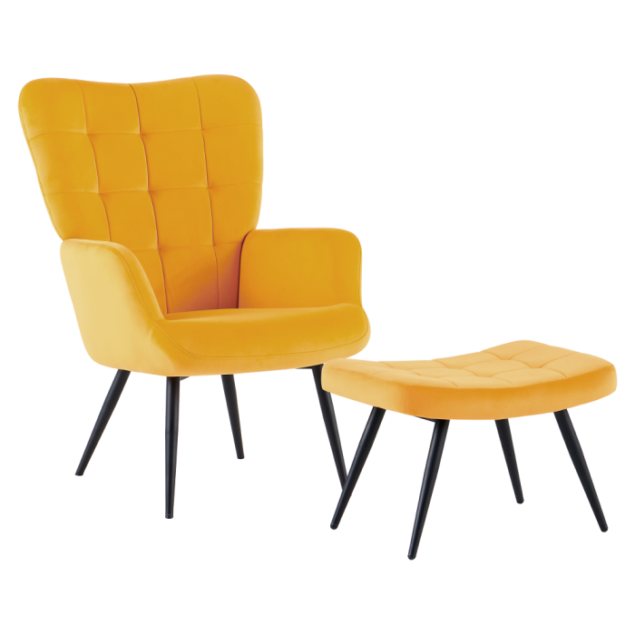 Fotoliu cu suport pentru picioare, galben ţesătură Velvet/negru, HABEN [2]