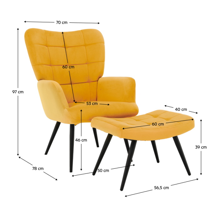 Fotoliu cu suport pentru picioare, galben ţesătură Velvet/negru, HABEN [17]
