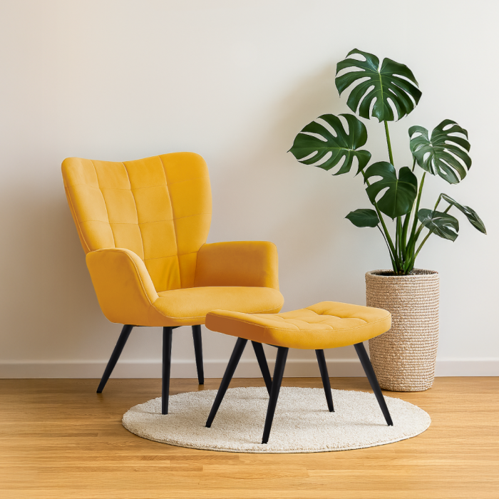 Fotoliu cu suport pentru picioare, galben ţesătură Velvet/negru, HABEN [16]