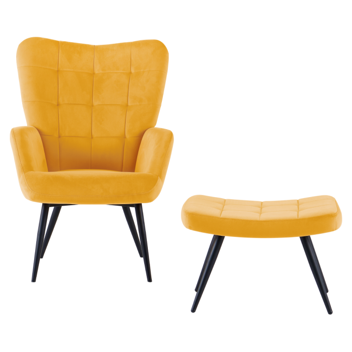 Fotoliu cu suport pentru picioare, galben ţesătură Velvet/negru, HABEN [3]