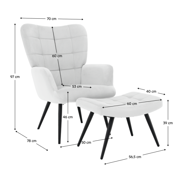 Fotoliu cu suport pentru picioare, gri deschis ţesătură Velvet/negru, HABEN [17]