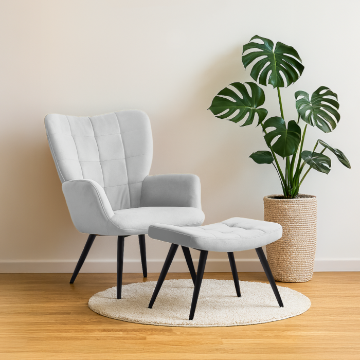 Fotoliu cu suport pentru picioare, gri deschis ţesătură Velvet/negru, HABEN [16]