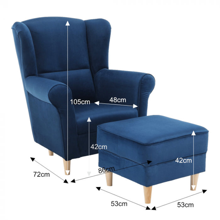 Fotoliu cu taburet, material albastru, ASTRID [4]
