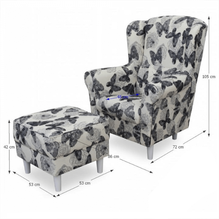 Fotoliu cu taburet, material textil imprimeu fluturi 1, ASTRID [5]