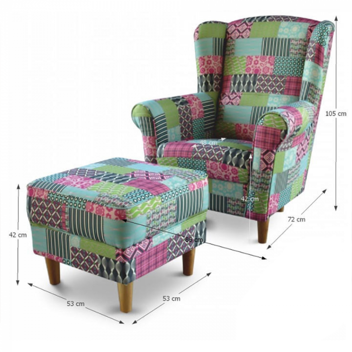 Fotoliu cu taburet, material textil în stilul patchwork M1, ASTRID [3]