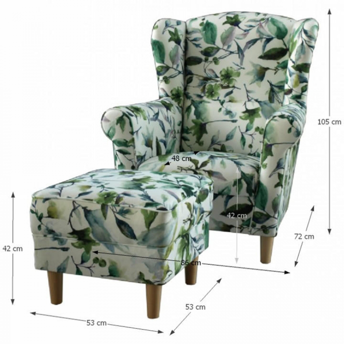 Fotoliu cu taburet, material textil model frunze verzi, ASTRID [5]