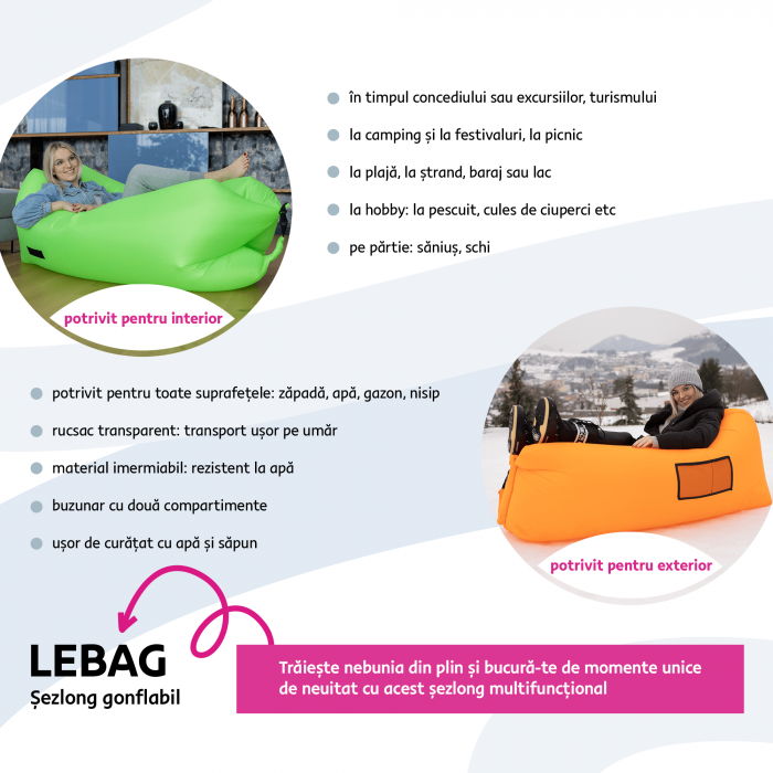 Geantă scaun gonflabilă / geanta leneşă, roz, LEBAG [2]