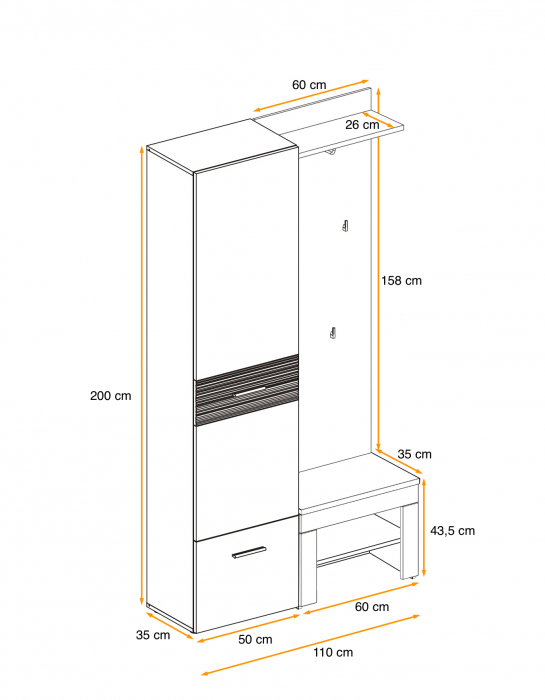 Hol/Cuier, dulap cu pantofar si perna , stejar Well-alb lucios , 110 cm lungime x 200 inaltime x 35 cm adancime, Bortis [3]