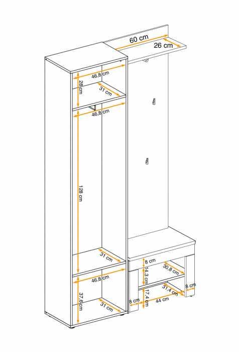 Hol/Cuier, dulap cu pantofar si perna , stejar Well-alb lucios , 110 cm lungime x 200 inaltime x 35 cm adancime, Bortis [2]