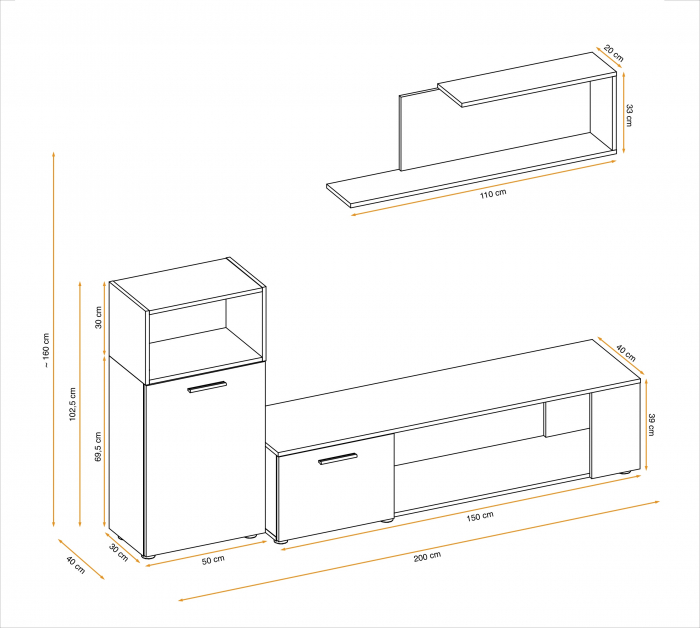 Living, comoda tv +dulapior si raft, gri grafit/stejar artisan, 200 cm lungime, modern, Bortis [3]
