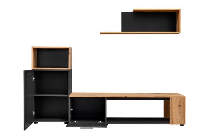 Living, comoda tv +dulapior si raft, gri grafit/stejar artisan, 200 cm lungime, modern, Bortis [5]