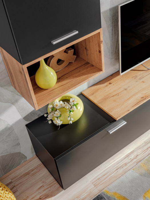 Living, comoda tv +dulapior suspendat si raft, grafit/stejar artisan, 200 cm lungime, modern, Bortis - Bortis Impex - Bortis Impex [5]