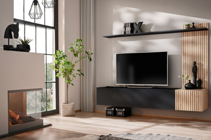 Living mobila /set living modern, suspendat, comoda tv cu raft, cu dungi imprimate model riflaj , negru/stejar artisan , 180 cm lungime, deschidere usi push open prin apasare,  prindere perete suspend [4]