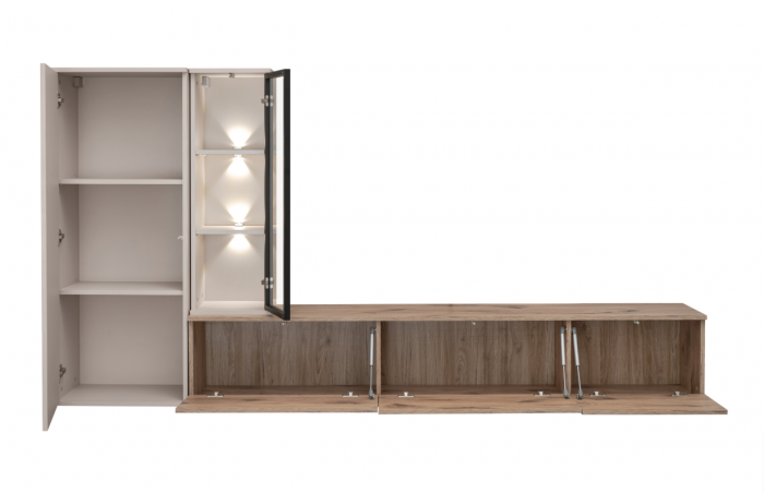 Living mobila sufragerie moderna, casmir bej/ stejar viking, 240 cm lungime, vitrina sticla cu led, usi deschidere push open, suspendata, canturi abs [3]