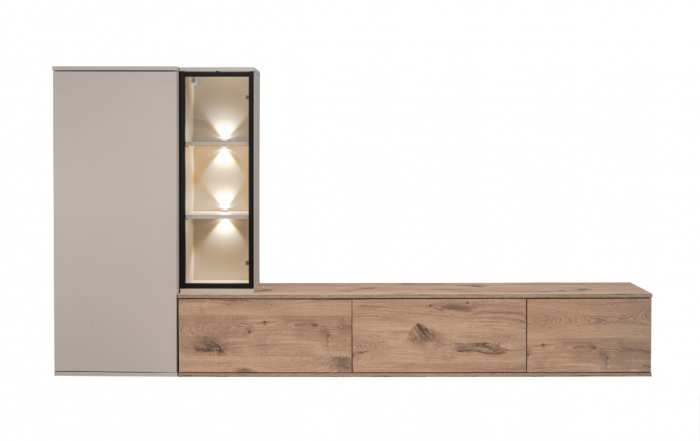 Living mobila sufragerie moderna, casmir bej/ stejar viking, 240 cm lungime, vitrina sticla cu led, usi deschidere push open, suspendata, canturi abs [2]
