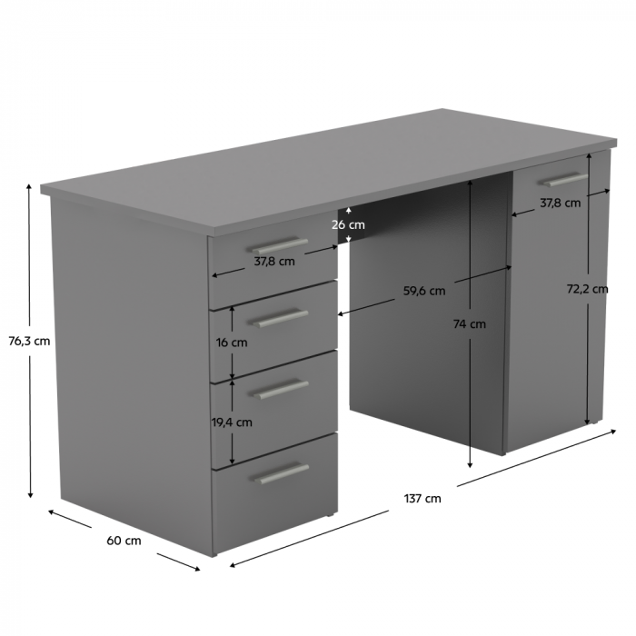 Masă birou cu 4 sertare si 1 usa , grafit ,137x60x76,3 cm [7]