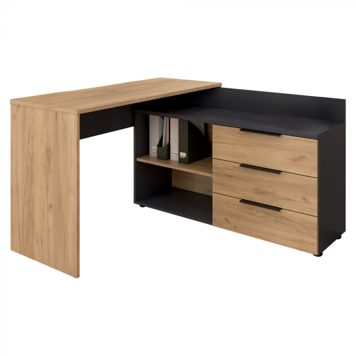 Birou pe colţ cu 3 sertare si raft ,pal grafit/stejar artisan, 130 cm x 120 cm x 76 cm inaltime, canturi abs, [2]