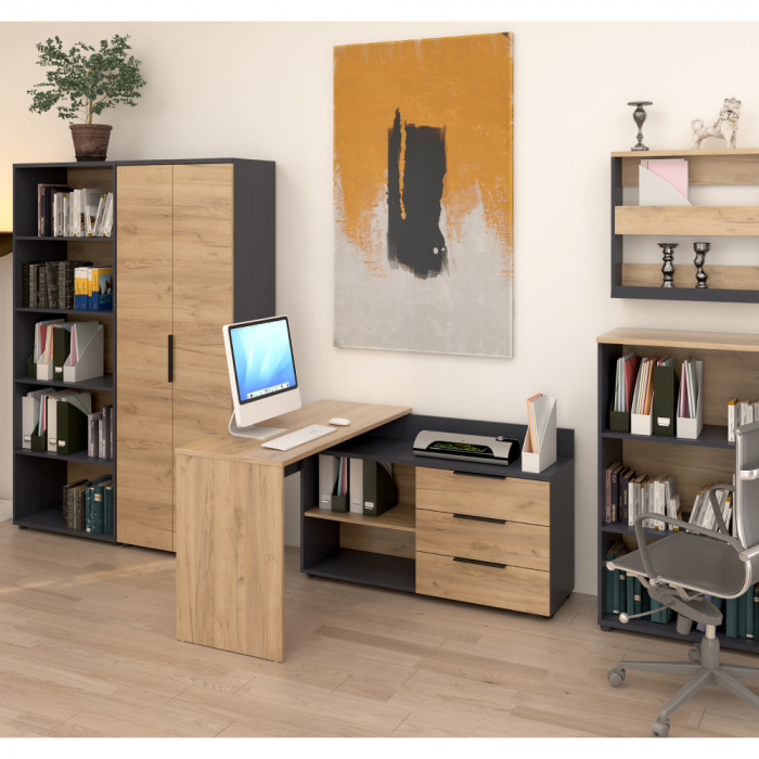 Birou pe colţ cu 3 sertare si raft ,pal grafit/stejar artisan, 130 cm x 120 cm x 76 cm inaltime, canturi abs, [4]