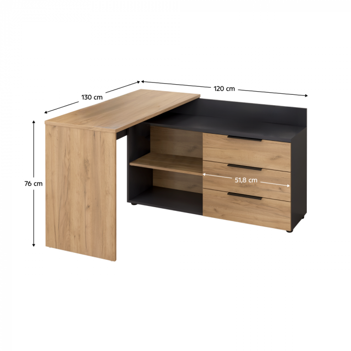 Birou pe colţ cu 3 sertare si raft ,pal grafit/stejar artisan, 130 cm x 120 cm x 76 cm inaltime, canturi abs, [6]