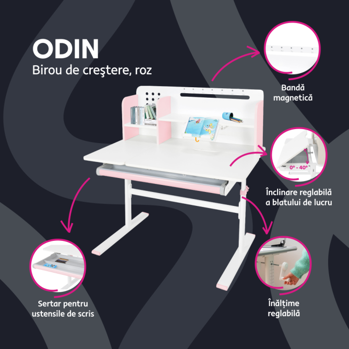 Masă de scris crescătoare, roz/alb, ODIN [2]