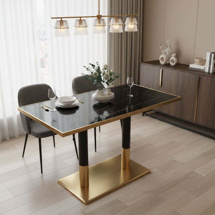 Masă de sufragerie bistro, marmură neagră/negru/aurie, 120x70 cm, DARIAN [2]