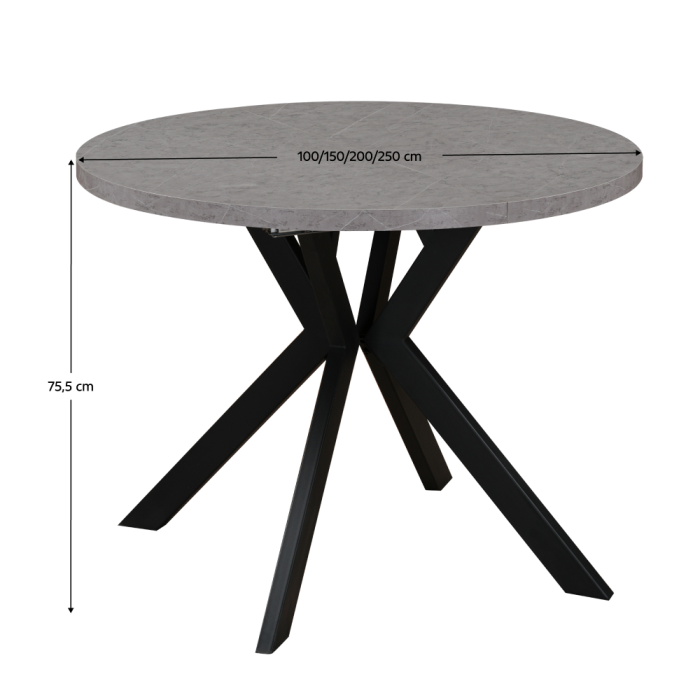 Masă de sufragerie extensibilă, beton deschis/negru, 100-250x75,5 cm, LUKOS [8]