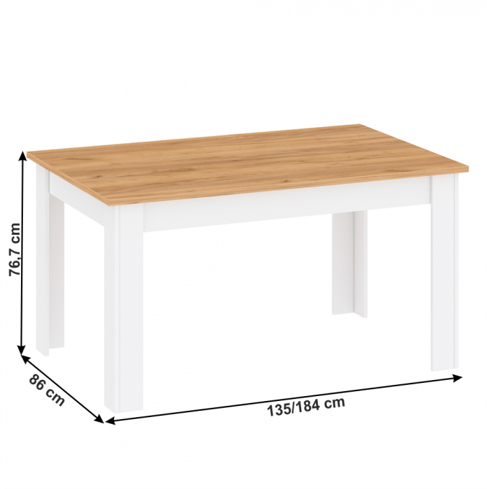 Masă dining, alb alba/ stejar craft auriu, 135-184x86 cm, LANZETTE S [2]