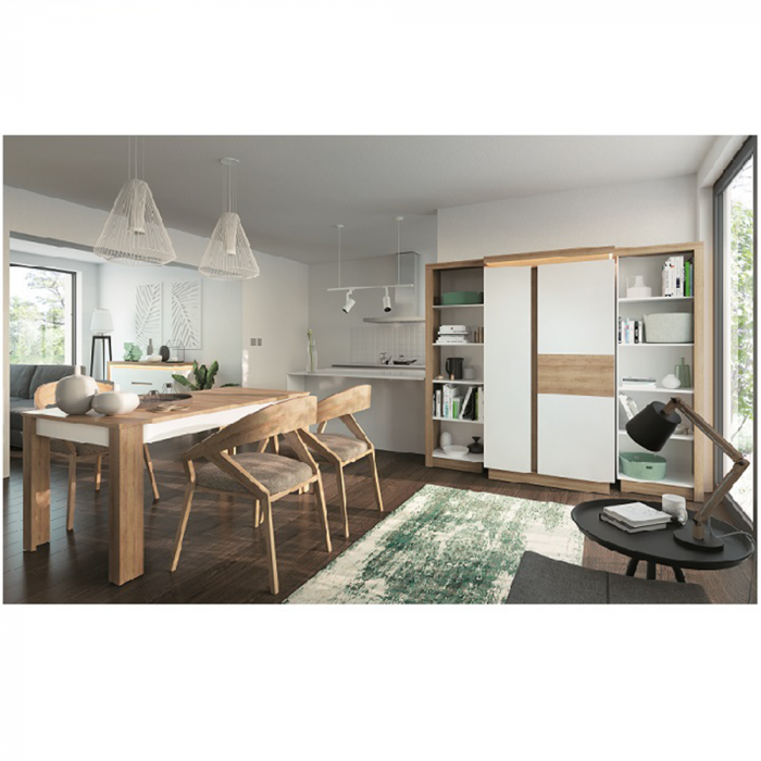 Masă dining LYOT03, extensibilă, stejar riviera/alb extra lucios HG, 140-180x85 cm, LEONARDO [2]