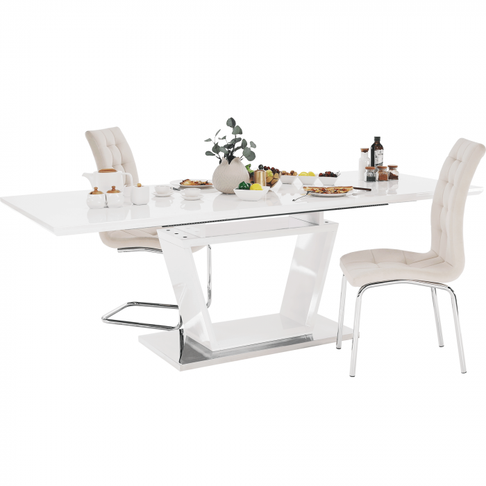 Masă dining, pliabilă, alb luciu extra ridicat / oţel, 160-220x90 cm, PERAK [5]