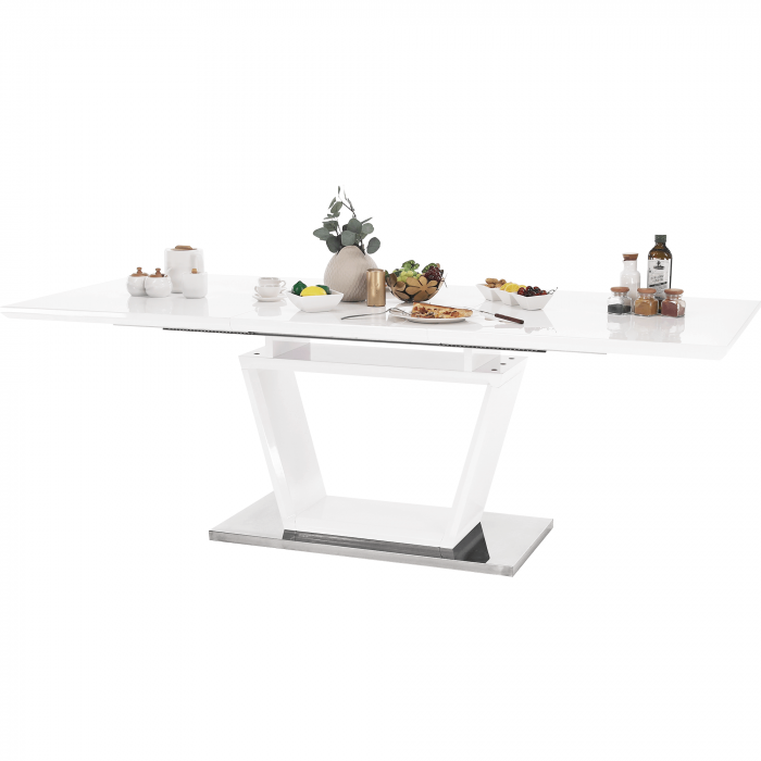Masă dining, pliabilă, alb luciu extra ridicat / oţel, 160-220x90 cm, PERAK [6]